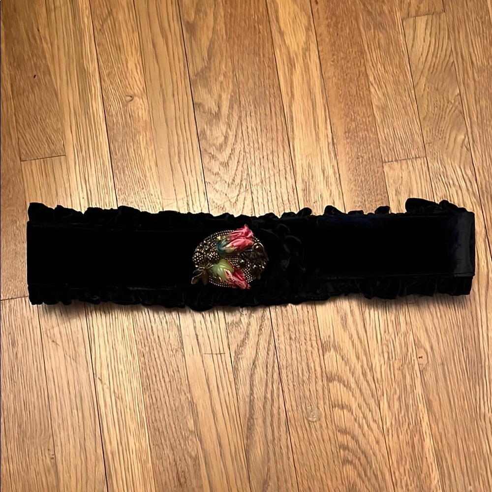Ungaro Rare Vintage Black Velvet Belt with Floral Accent